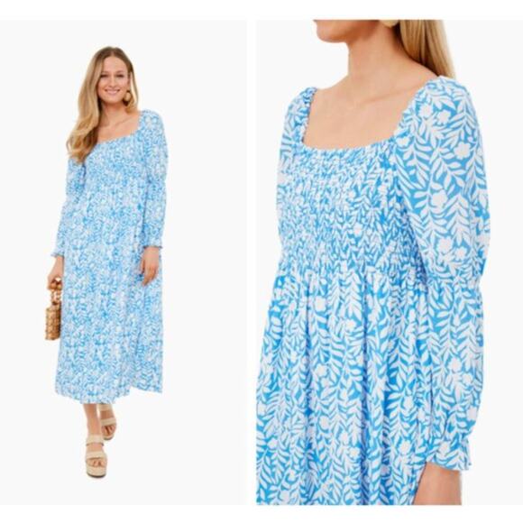 Sail to Sable x Tuckernuck Blue White Floral Print Smocked Midi Dress NEW - Picture 1 of 7